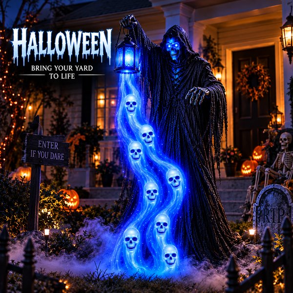 SoulReaper Halloween decoration with a hooded reaper, lantern and blue glowing spirits in a nighttime yard