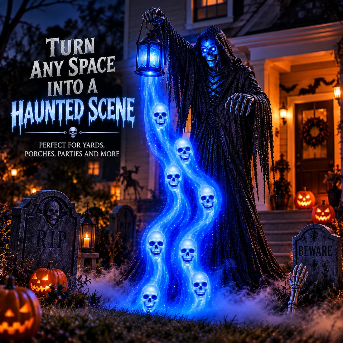 SoulReaper shown as a focal point in an outdoor Halloween display with pumpkins and gravestones