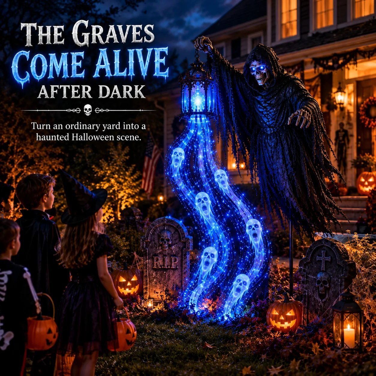 SoulReaper blue spirit lighting displayed at night in a Halloween garden scene