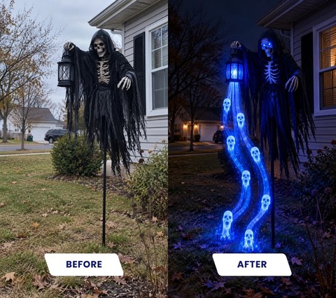 Original day-and-night comparison of the SoulReaper decoration beside a house