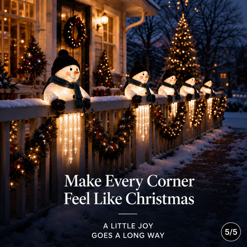 Snowman icicle lights decorating a winter porch railing